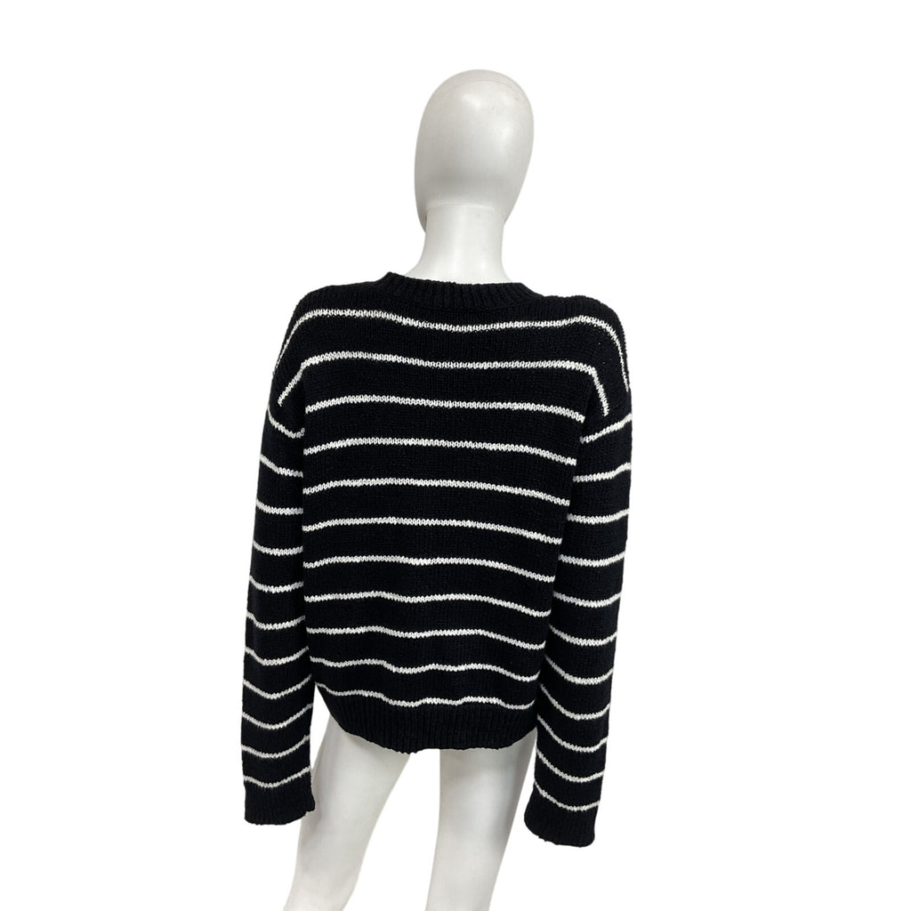 Vince Textured Stripe Black Cotton Crew Sweater Size L