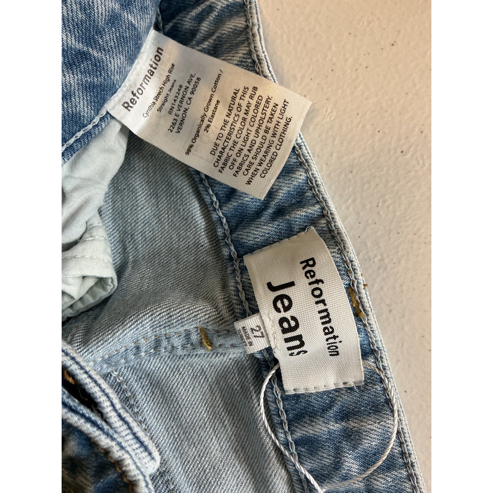 Reformation 'Cynthia' Blue Cotton Stretch High Rise Straight Denim Jean Size 27