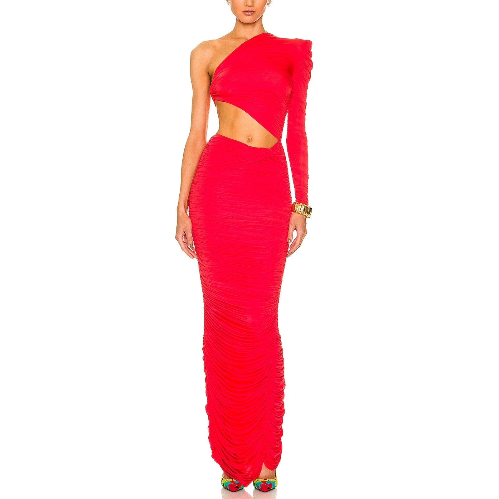 Alex Perry 'Channing' Red Nylon Ruched One Shoulder Knot Column Dress Size 8