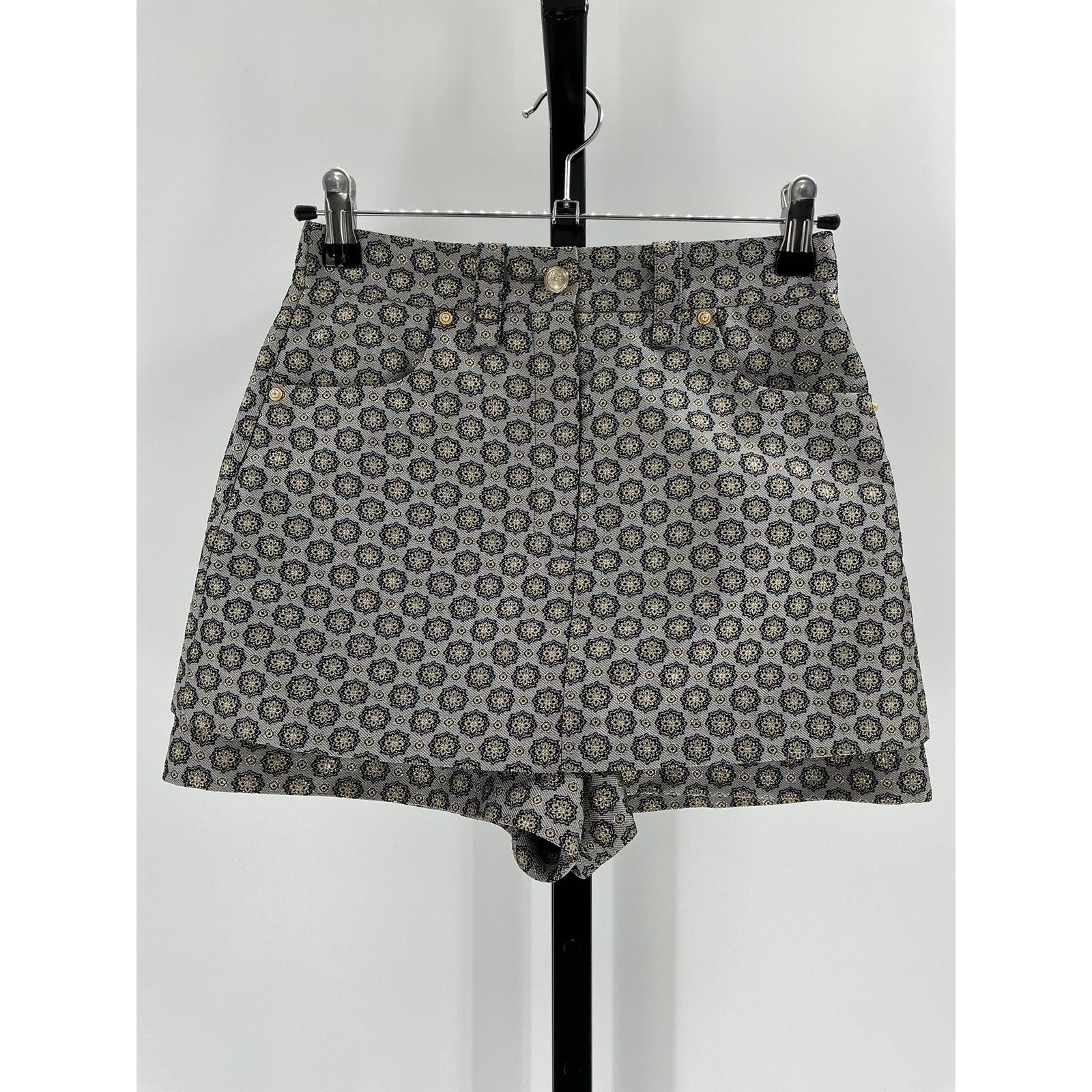 Maje Layered Metallic Grey Polyester Jacquard Shorts Size 34