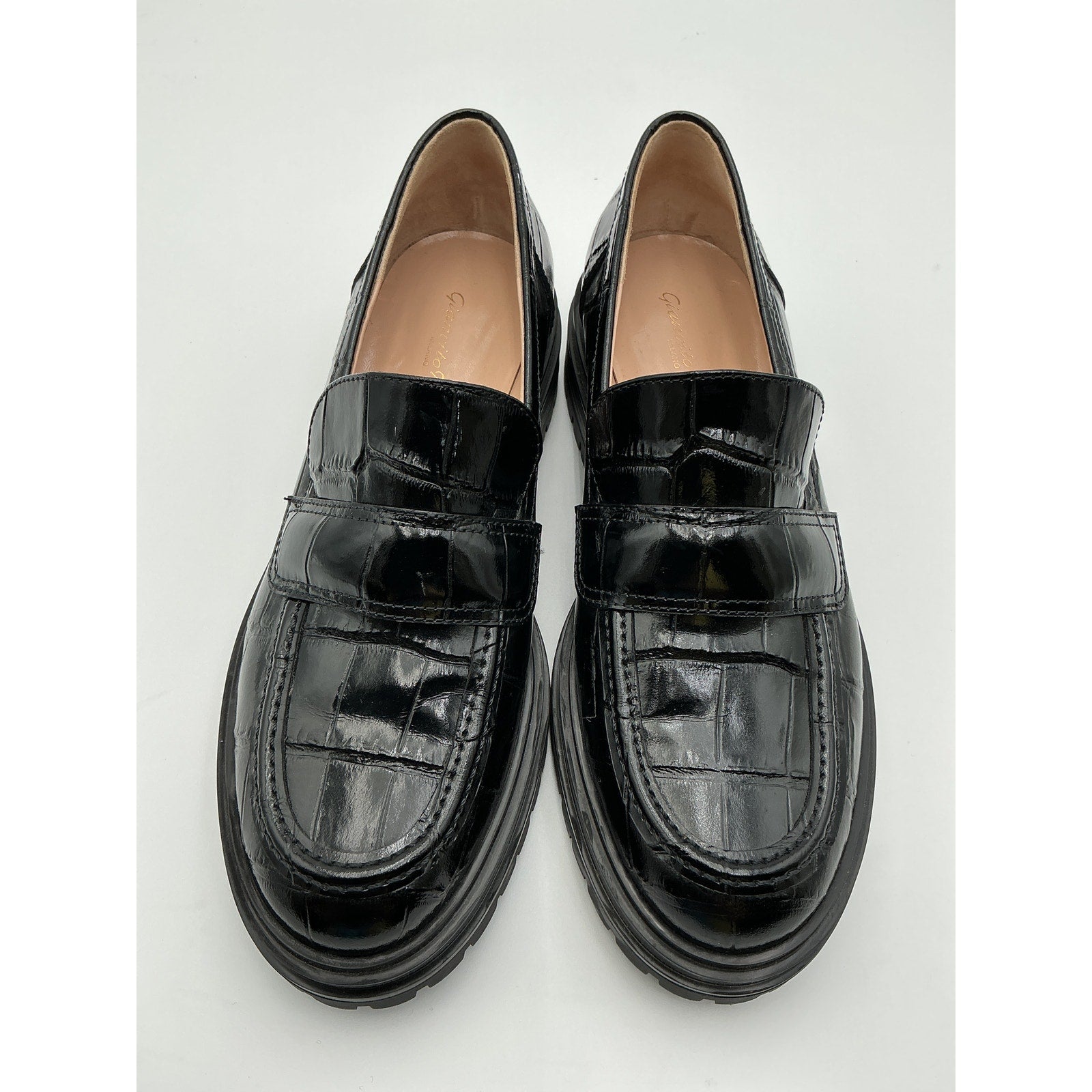 Gianvito Rossi 'Argo' Black Crocodile-Effect Patent-Leather Loafers Size 10.5