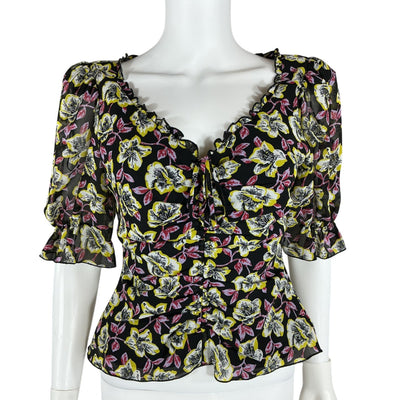 Cinq à Sept Floral Black Multi Kimberly Blouse Size S