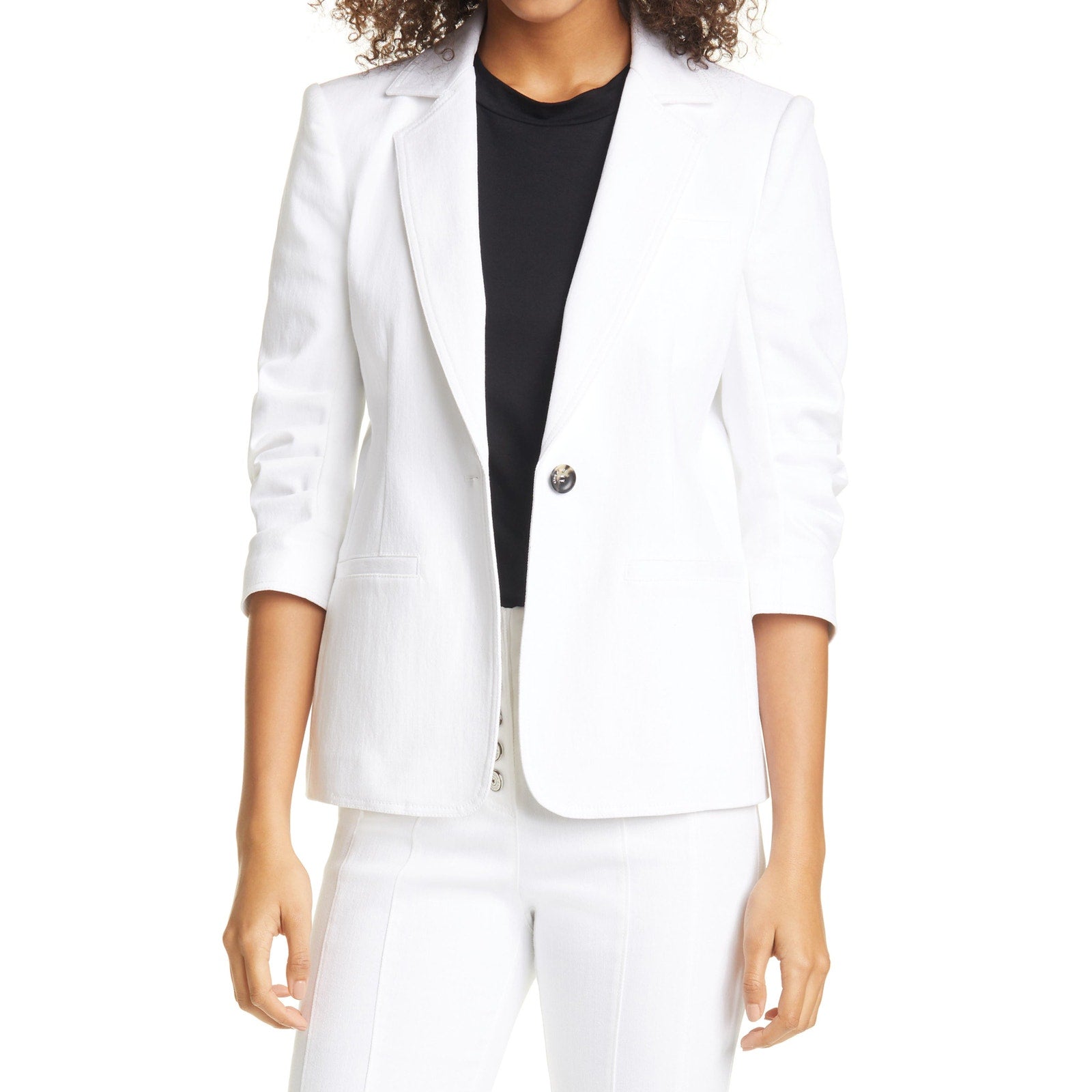 Cinq A Sept 'Khloe' White Cotton Ruched Sleeve White Denim Blazer Size 10