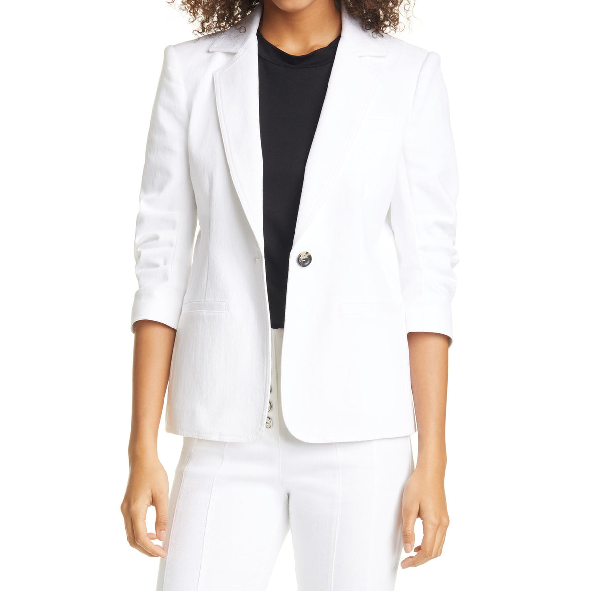 Cinq à Sept 'Khloe' White Cotton Ruched Sleeve White Denim Blazer Size 10