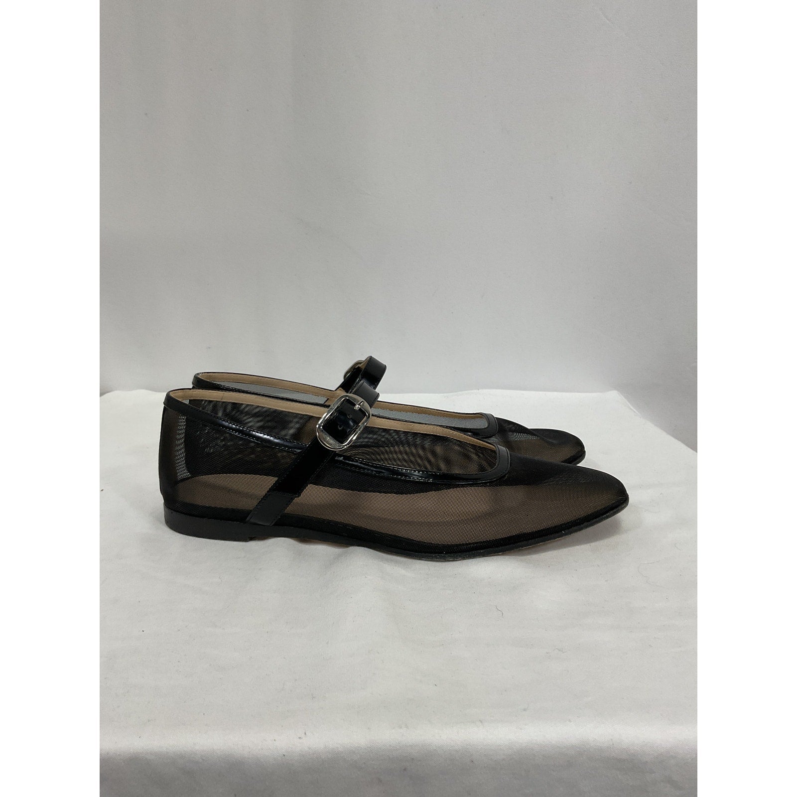 Le Monde Beryl Patent Leather-Trimmed Black Leather Mesh Flats Size 7.5