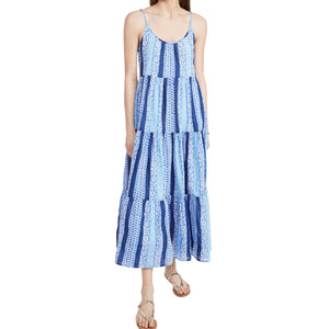 Roller Rabbit Tiered Blue Barre Dakota Maxi Dress Size XS