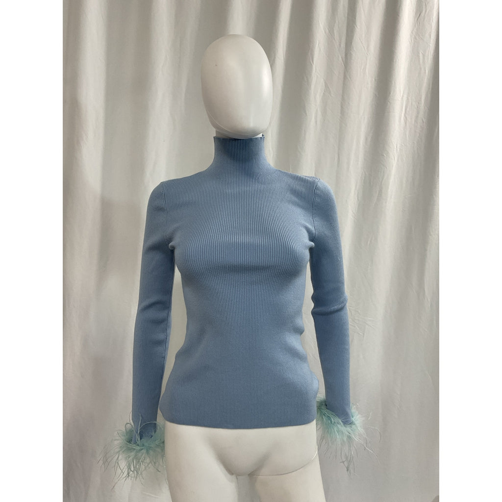 Maje 'Manuplume' Blue Mockneck Ribbed Feather Cuff Sweater Size 2