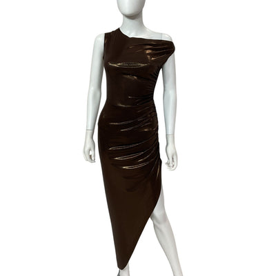 Norma Kamali Asymmetric Chocolate Drop Shoulder Side Drape Gown Size XS