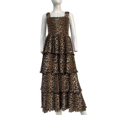 Ganni Leopard Print Brown Flounce Smock Midi Dress Size 40 EU