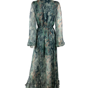Caroline Constas Ruffled Slate Ombre Floral Vivian Gown Size L