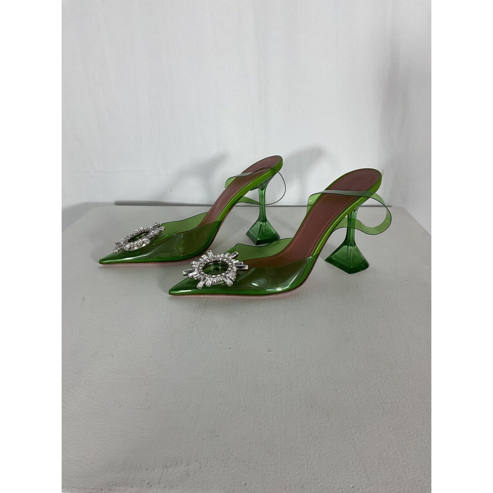 Amina Muaddi 'Begum' Green Leather Glass Heel Size 6.5