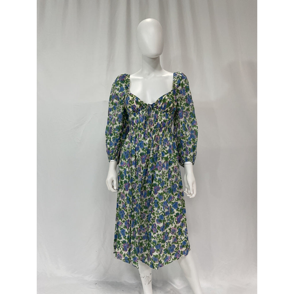 For Love & Lemons 'Bridget' Green Puff Sleeve Midi Dress Size S