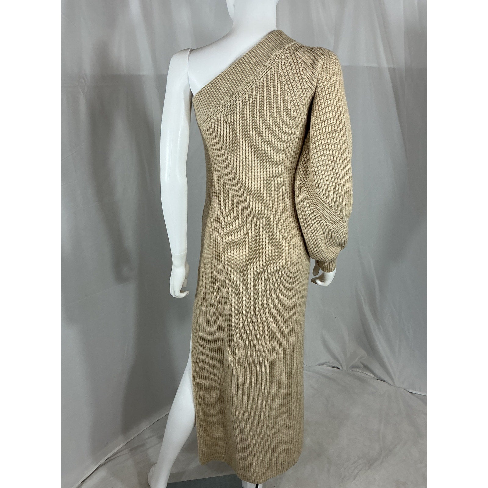 L'Academie 'Feride' Beige Acrylic One Shoulder Midi Dress Size XS