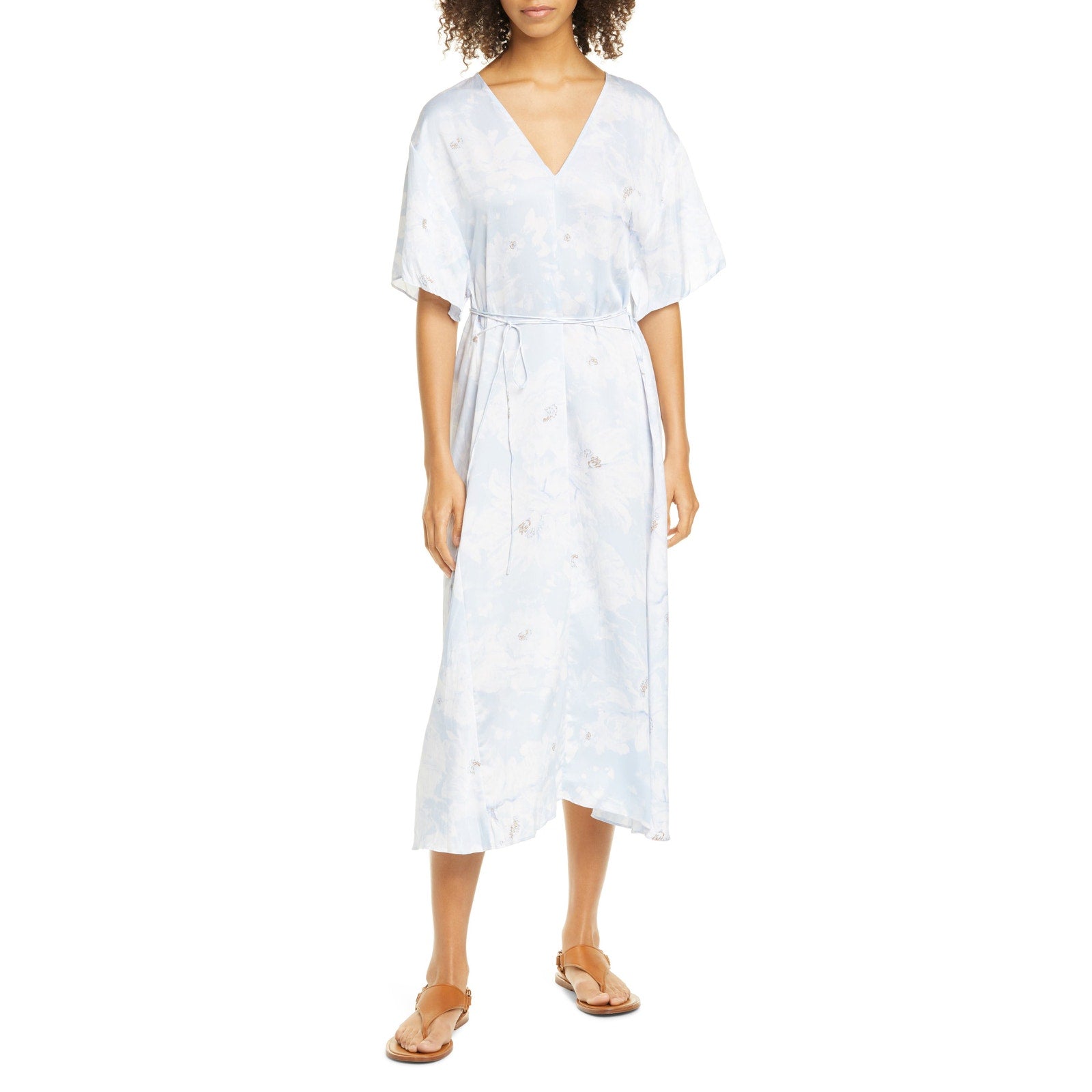 Vince 'Painted' Blue Magnolia Tie Waist V Neck Short Sleeve Tie Waist Midi Dress Size M