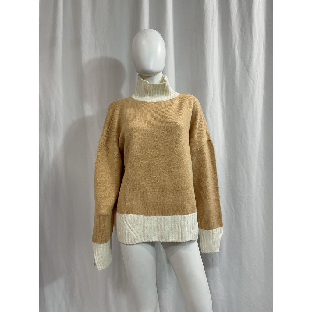Favorite Daughter 'The Andi' Beige Contrast Rib Turtleneck Wool & Cashmere Blend Sweater Size M - NWT