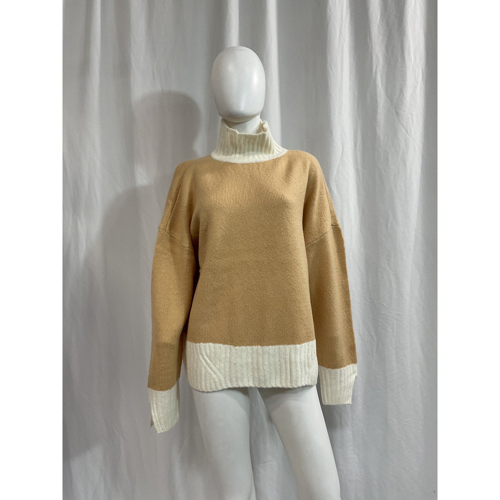 Favorite Daughter 'The Andi' Beige Contrast Rib Turtleneck Wool & Cashmere Blend Sweater Size M - NWT