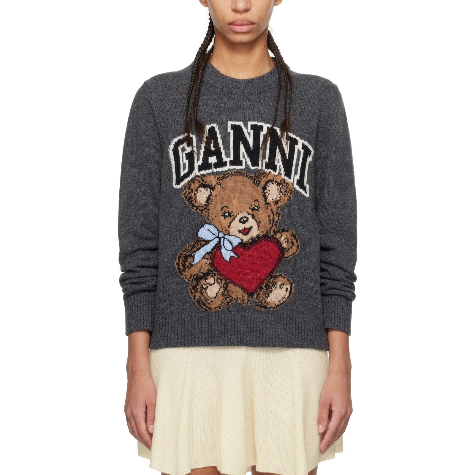 Ganni Gray Graphic Grey Wool Bear Sweater Size M