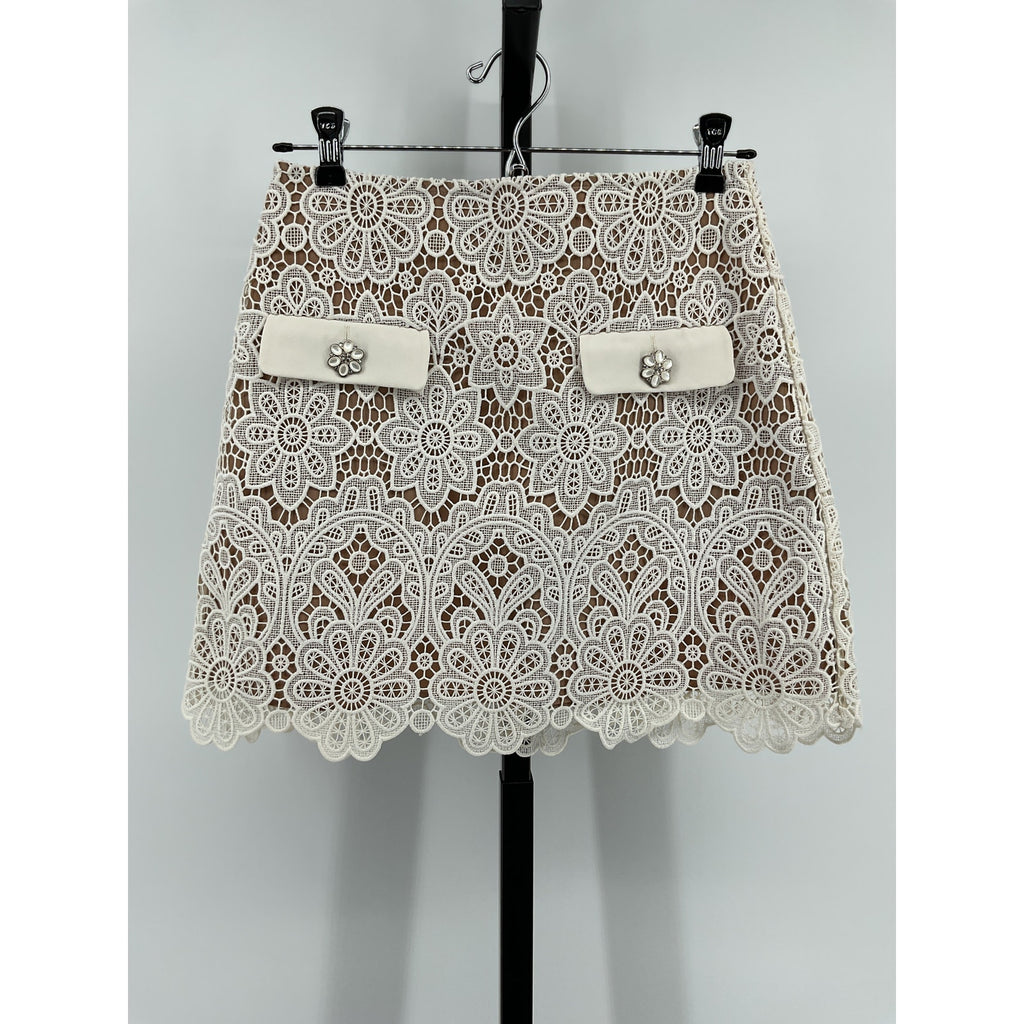 Self-Portrait Ivory Polyester Crystal-Embellished Guipure Lace Mini Skirt Size 4