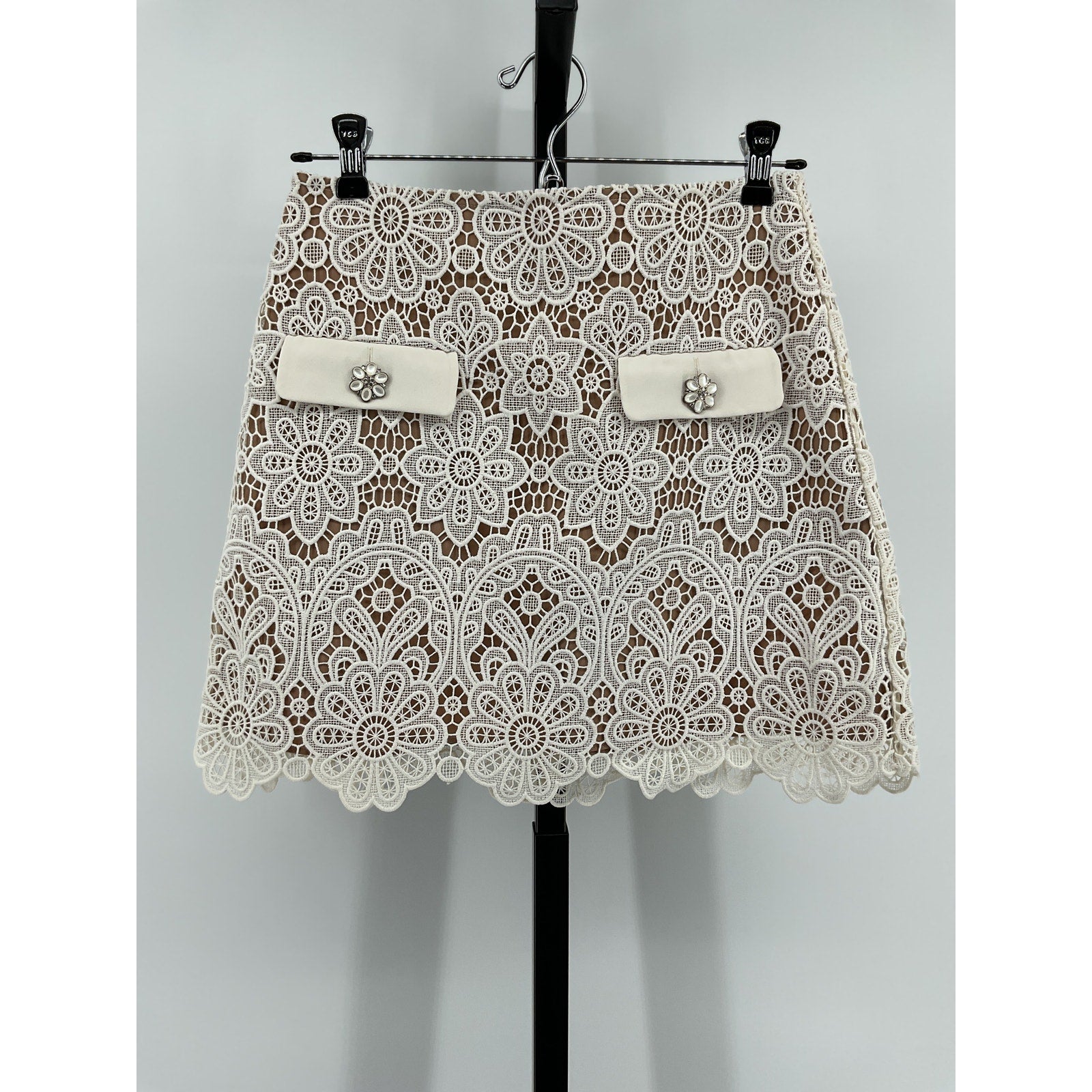 Self-Portrait Ivory Polyester Crystal-Embellished Guipure Lace Mini Skirt Size 4