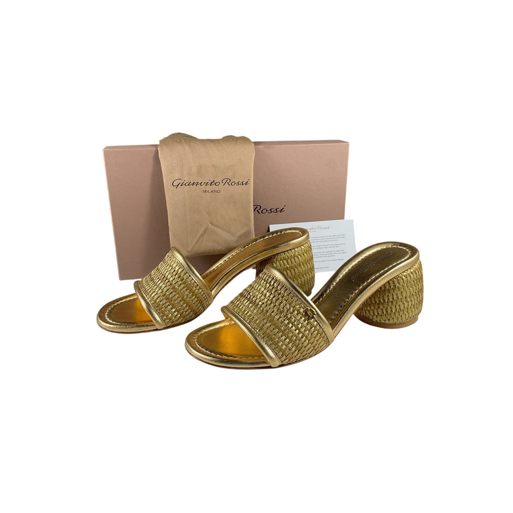 Gianvito Rossi 'Marbella & Nappa' Gold Raffia And Leather Silk Washed Mules Size 9