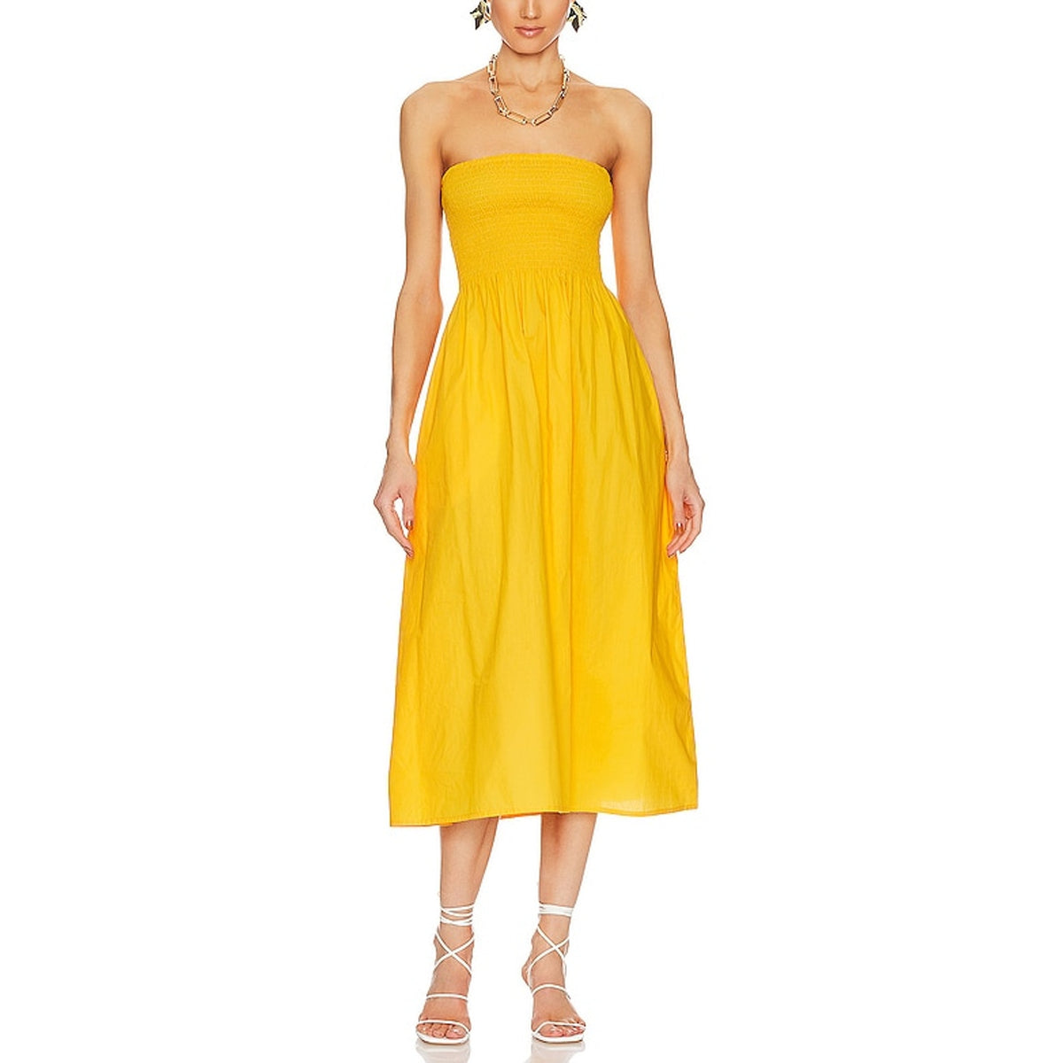 Faithfull The Brand Smocked Yellow Madella Midi Dress Size M