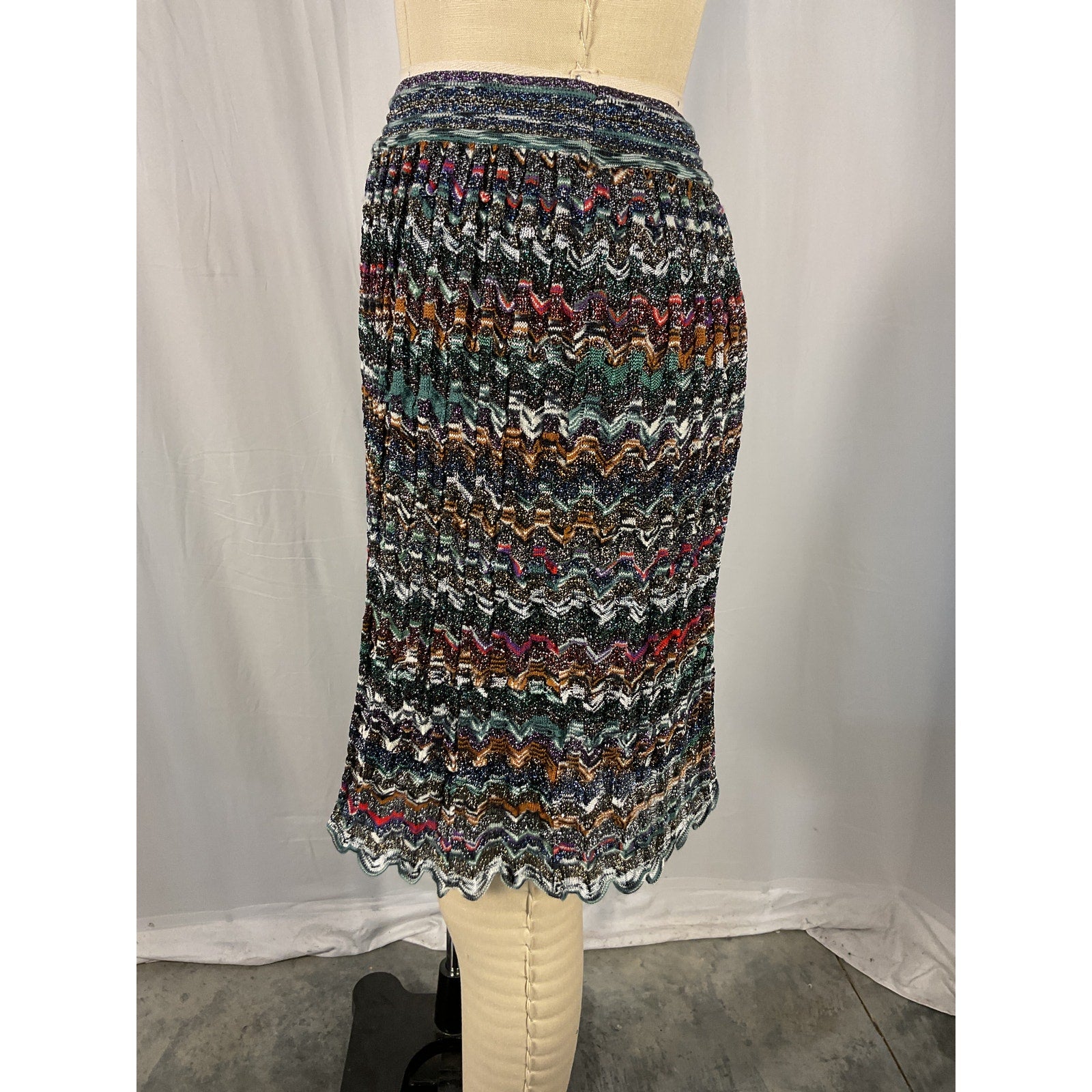 Missoni 'Striped' Green Metallic Crochet-Knit Mini Skirt Size S