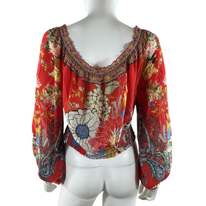 Camilla Bohemian Red Floral Shirred Waist Blouse Size L