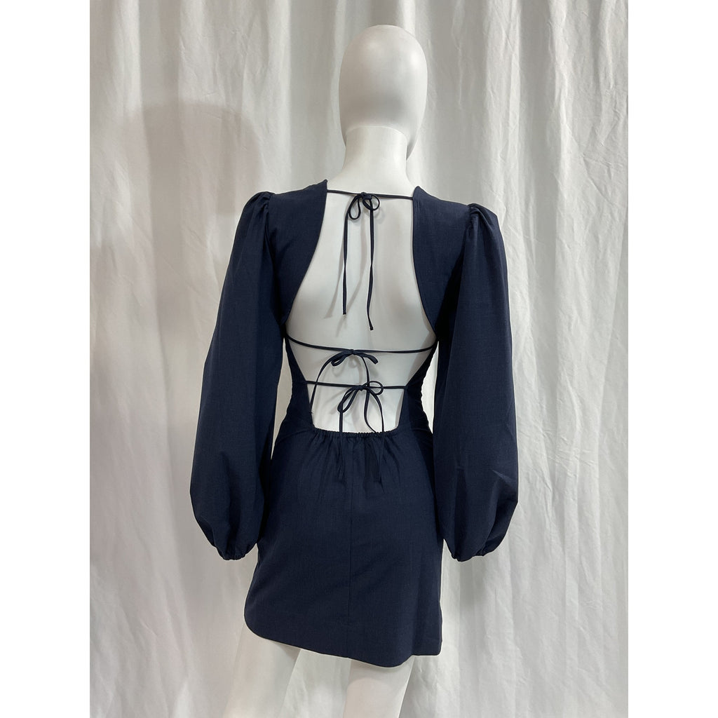Ganni 'Drapey' Navy Melange Open Back Long Sleeve Mini Dress Size 32