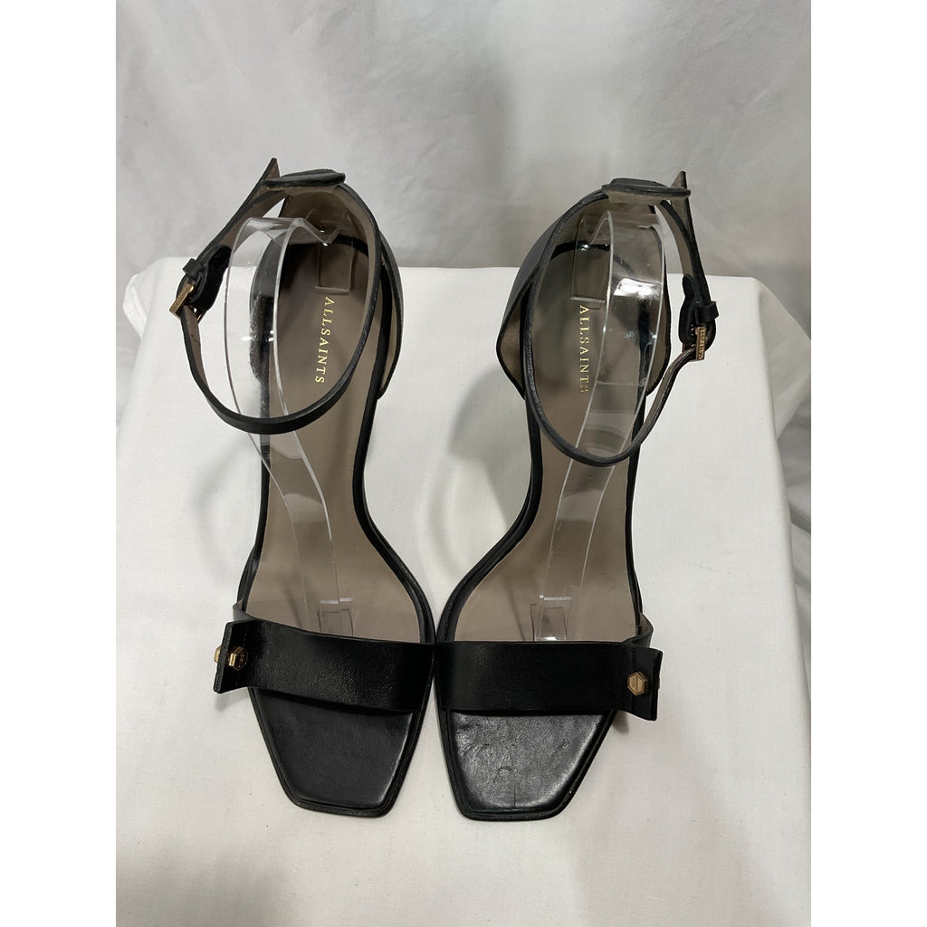 Allsaints 'Betty' Black Leather Square Open Toe Bolt Style High Heel Sandals Size 11