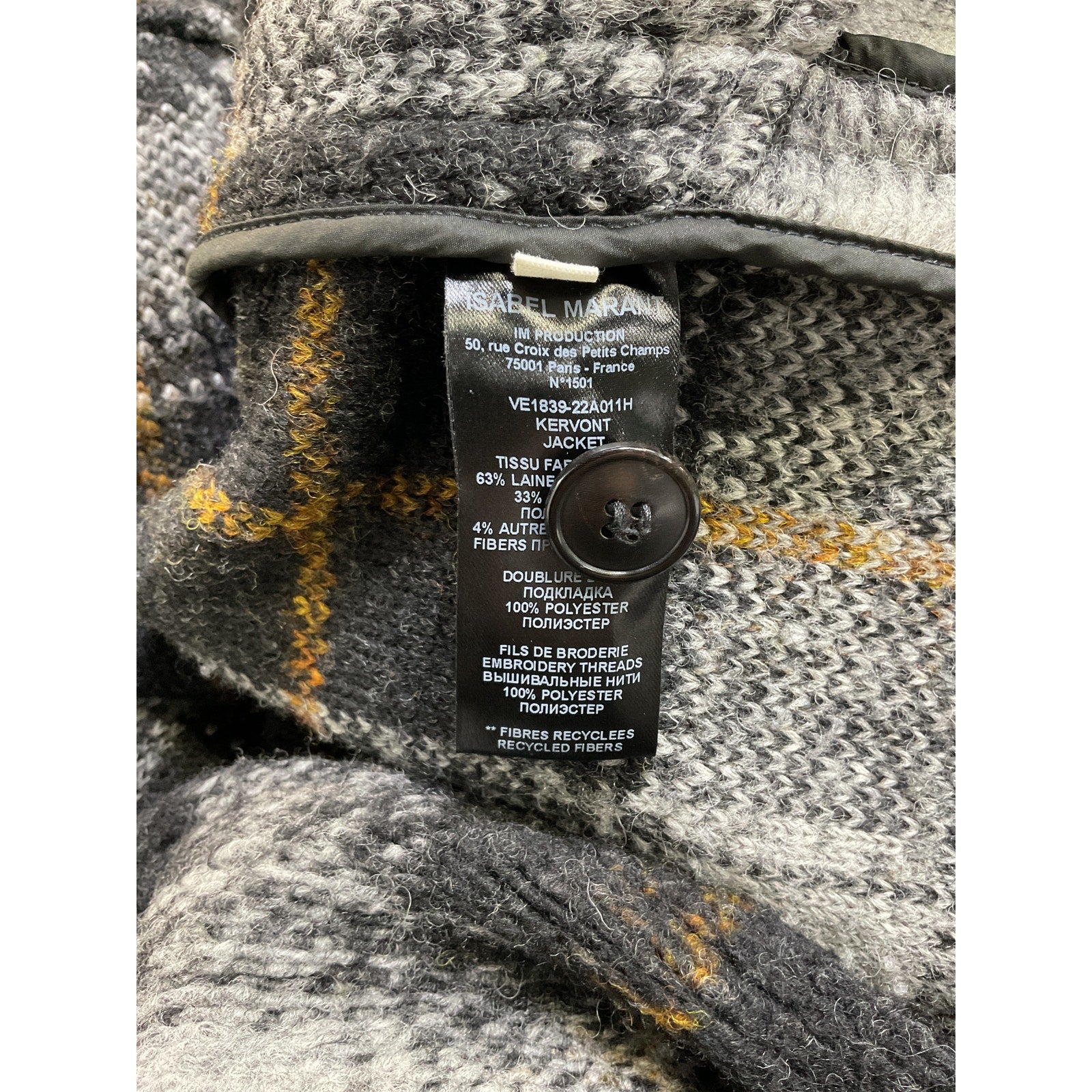 Isabel Marant 'Kervont' Black Polyester Checked Wool-Blend Boucl� Overshirt Size S
