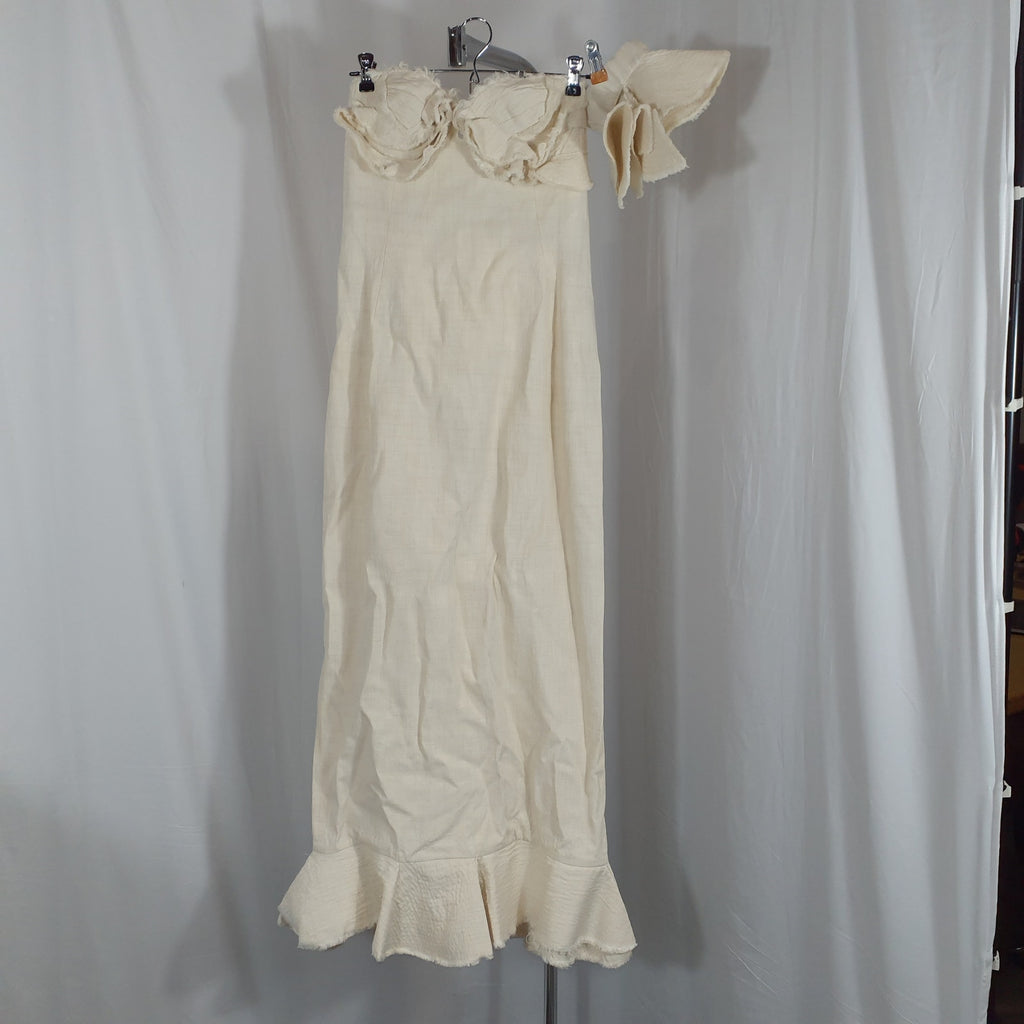 Jacquemus Le Raphia 'la Robe Artichaut' White Ruffled Neck Fishtail Hem Linen Blend Maxi Dress Size 44