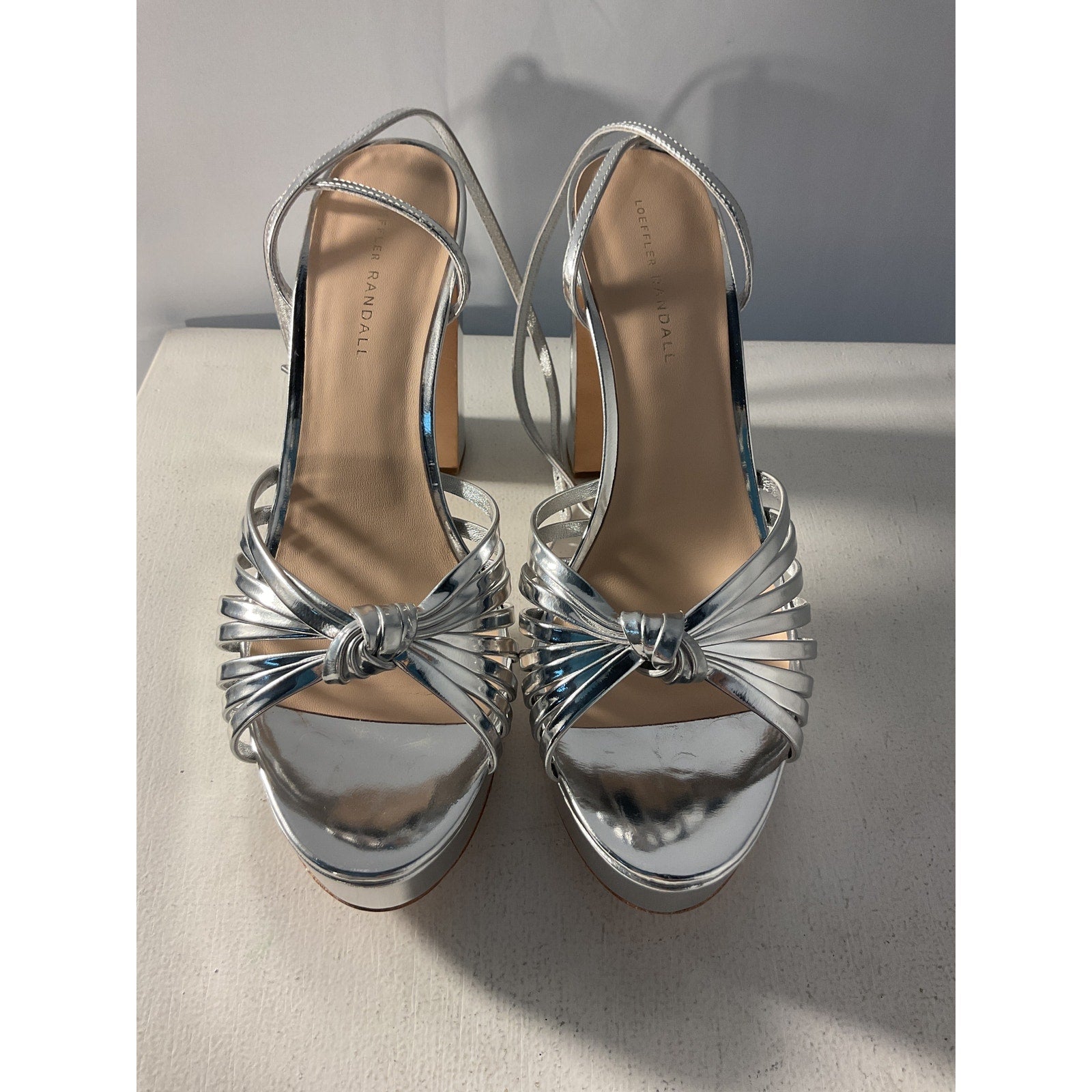 Loeffler Randall 'Rivka' Silver Mirrored-Leather Platform Sandals Size 10.5