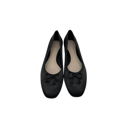 Porte & Paire Black Leather Bow-Embellished Satin Ballet Flats Size 8.5