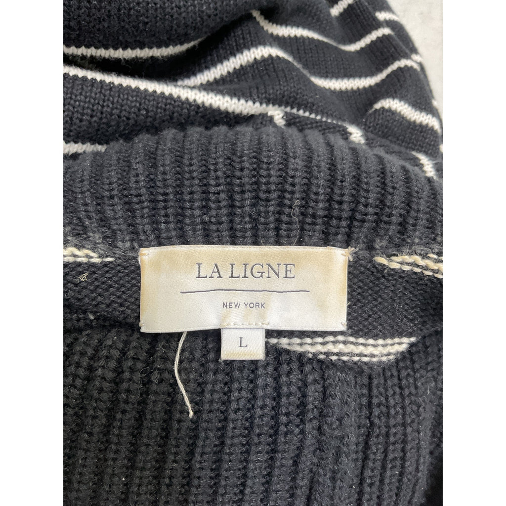 La Ligne 'Bastien' Black Cotton Stripe Half-Zip Cotton Sweater Size L
