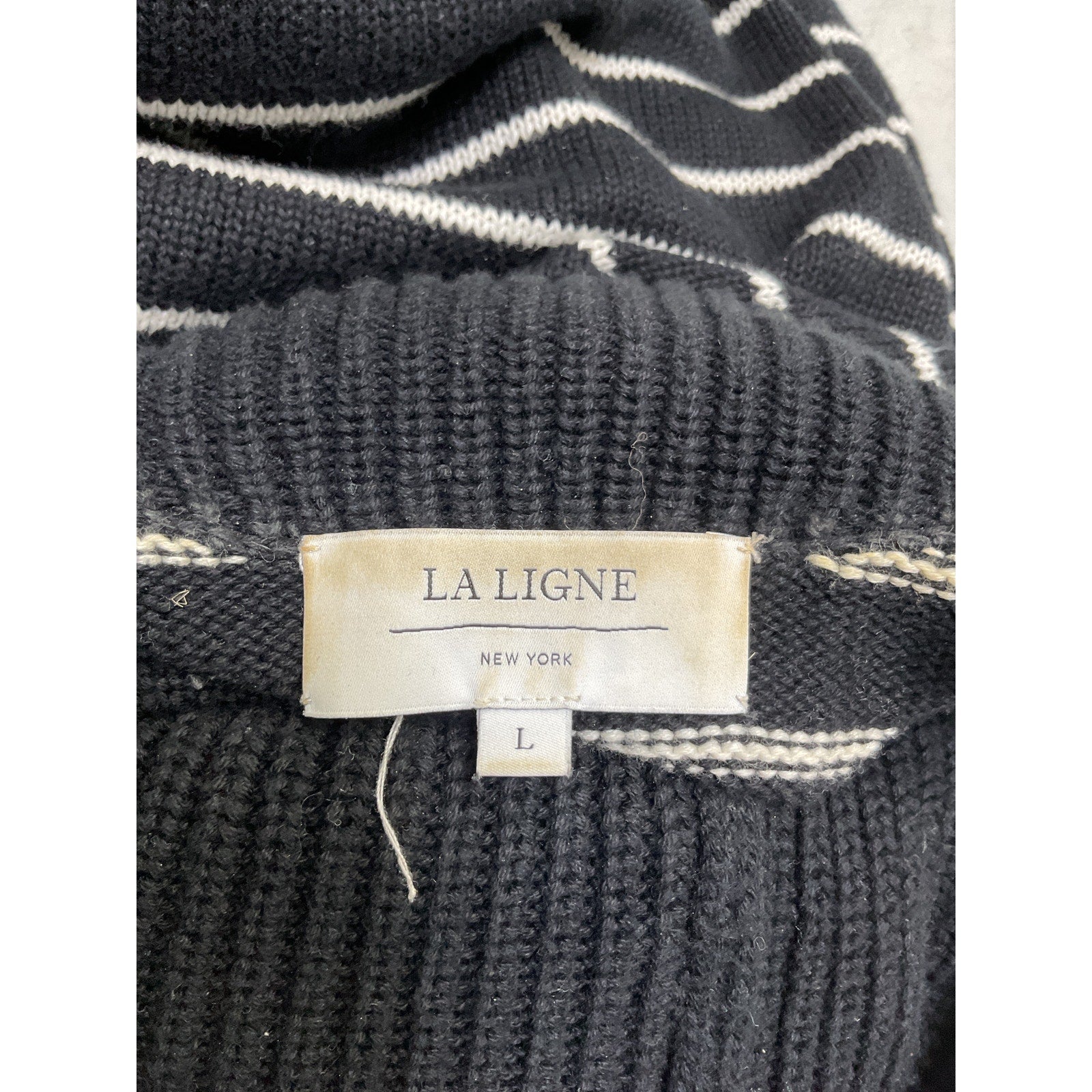 La Ligne 'Bastien' Black Cotton Stripe Half-Zip Cotton Sweater Size L