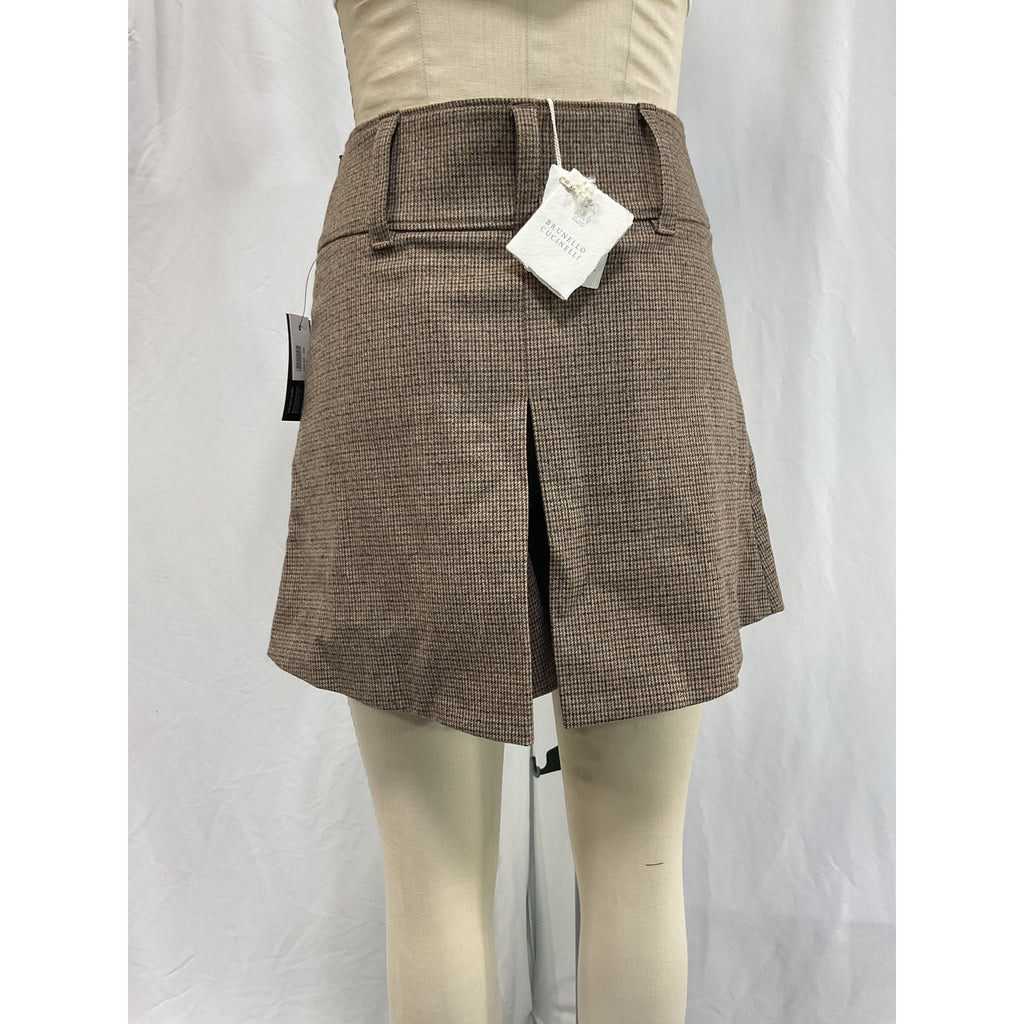 Brunello Cucinelli Bead Embellished Brown Checked Wool-Blend Shorts Size 6 - NWT