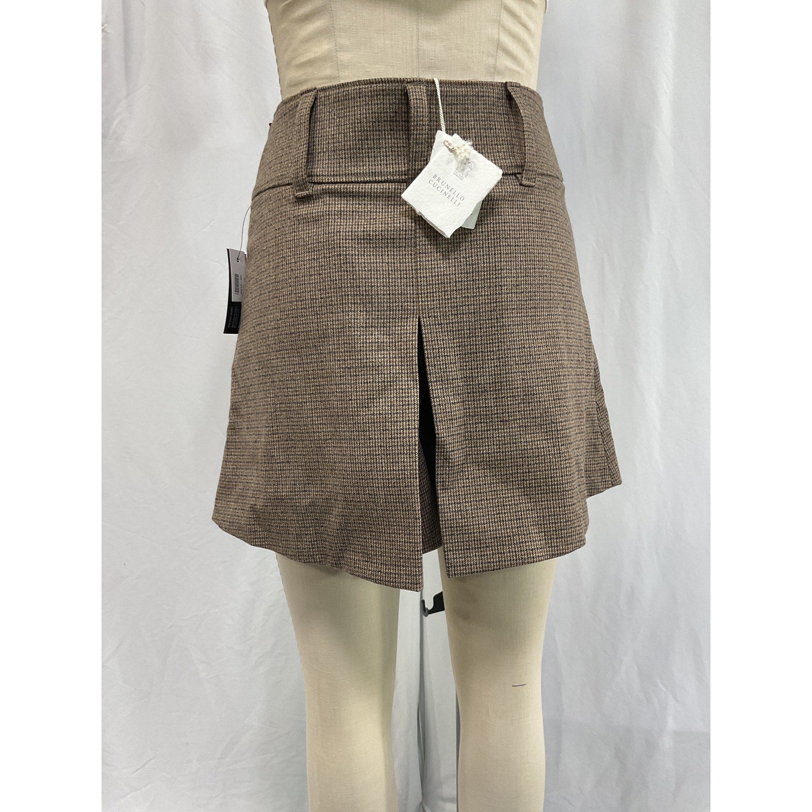 Brunello Cucinelli Bead Embellished Brown Checked Wool-Blend Shorts Size 6 - NWT