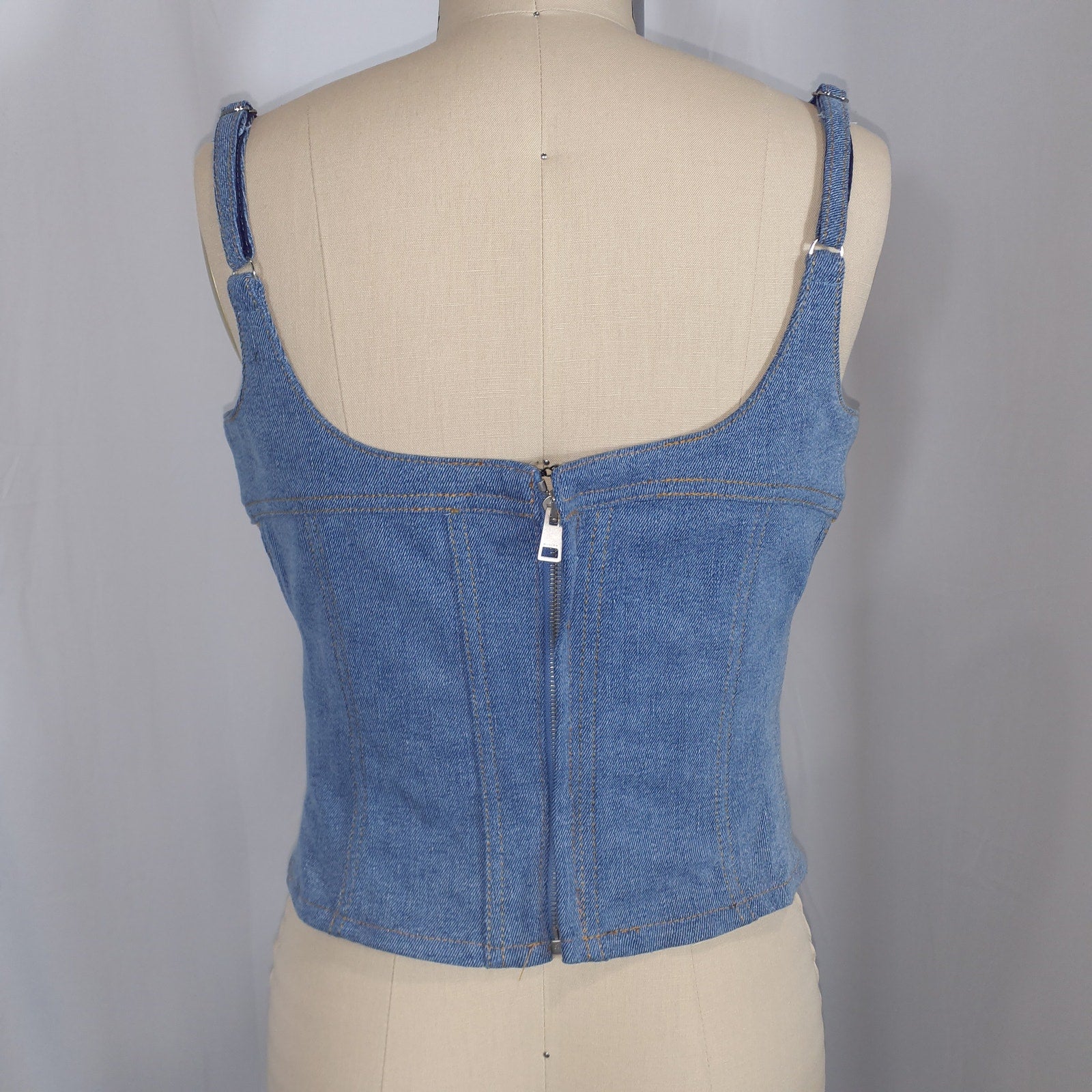 Mugler Denim And Tulle Blue Bustier Top Size OS