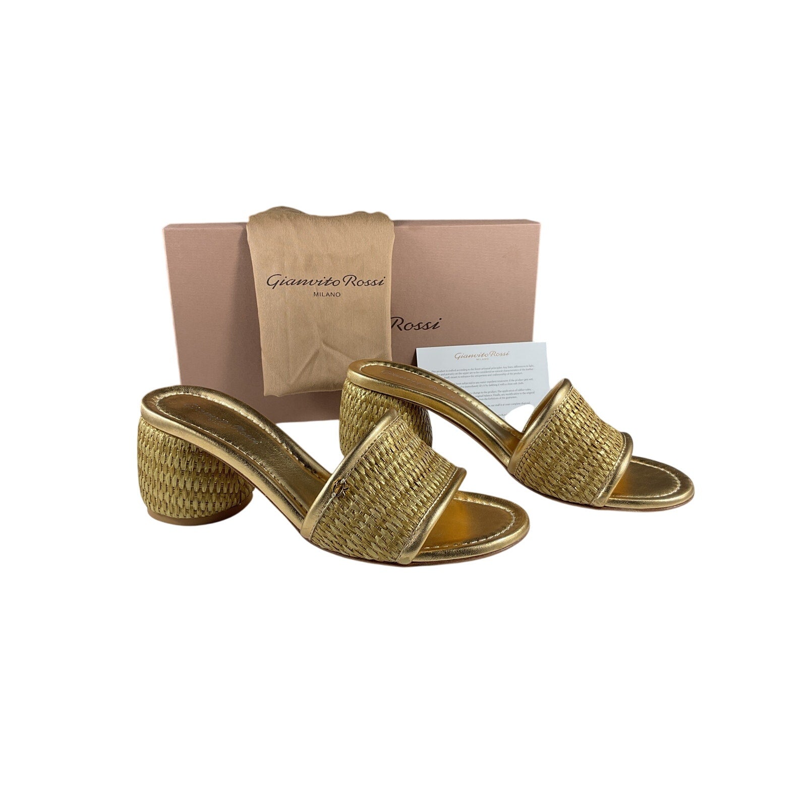 Gianvito Rossi 'Marbella & Nappa' Gold Raffia And Leather Silk Washed Mules Size 9