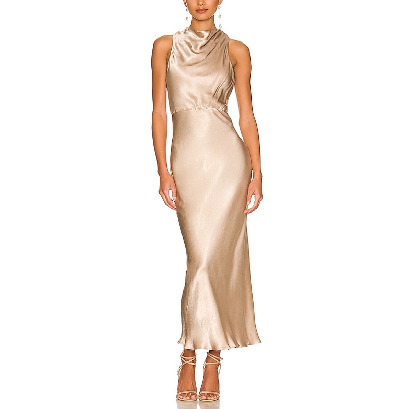 Shona Joy 'La Lune' Gold Lenzing Ecovero Viscose High Neck Midi Dress Size 4