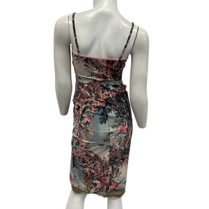 Patbo Ruched Paraiso Print Fringe Dress Size S