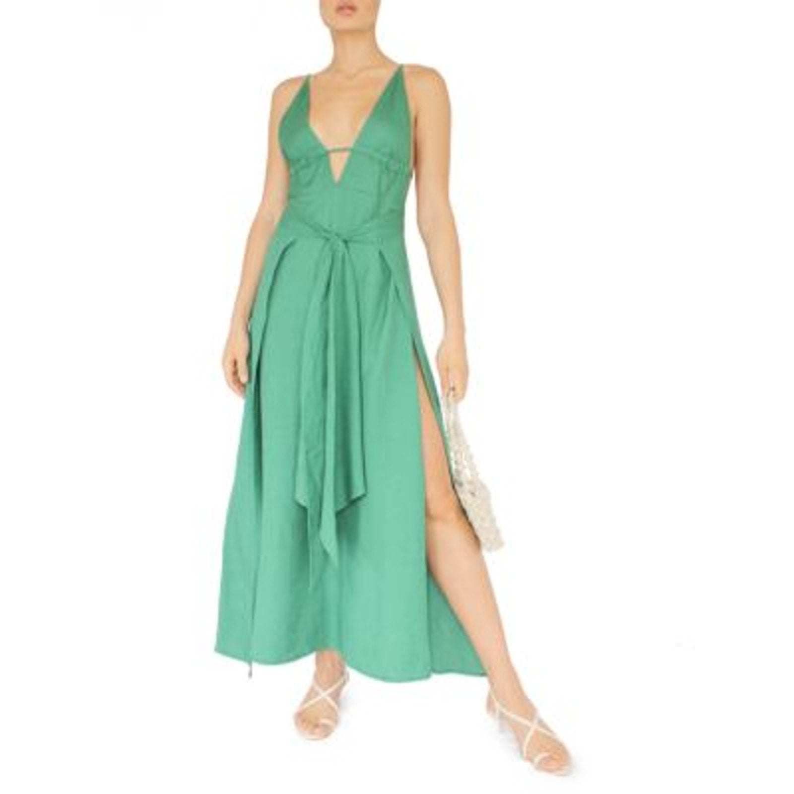 Cult Gaia 'Margot' Green Linen Plunging Linen Maxi Dress Size S