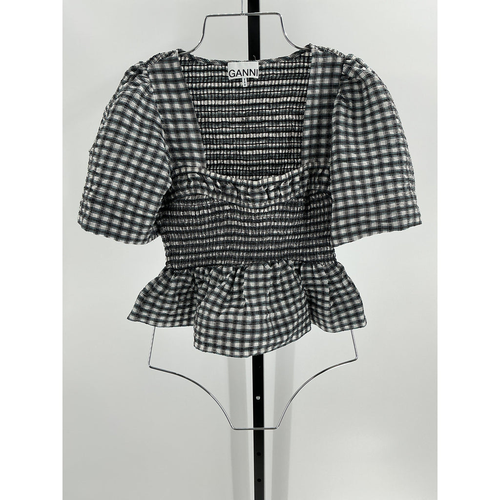 Ganni Seersucker Check Black Polyester Open-Neck Smock Blouse Size 36