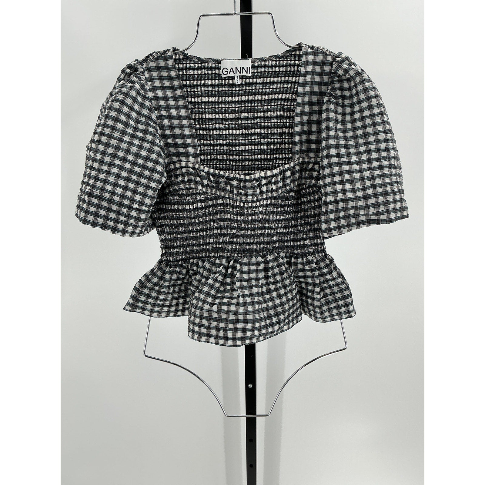 Ganni Seersucker Check Black Polyester Open-Neck Smock Blouse Size 36