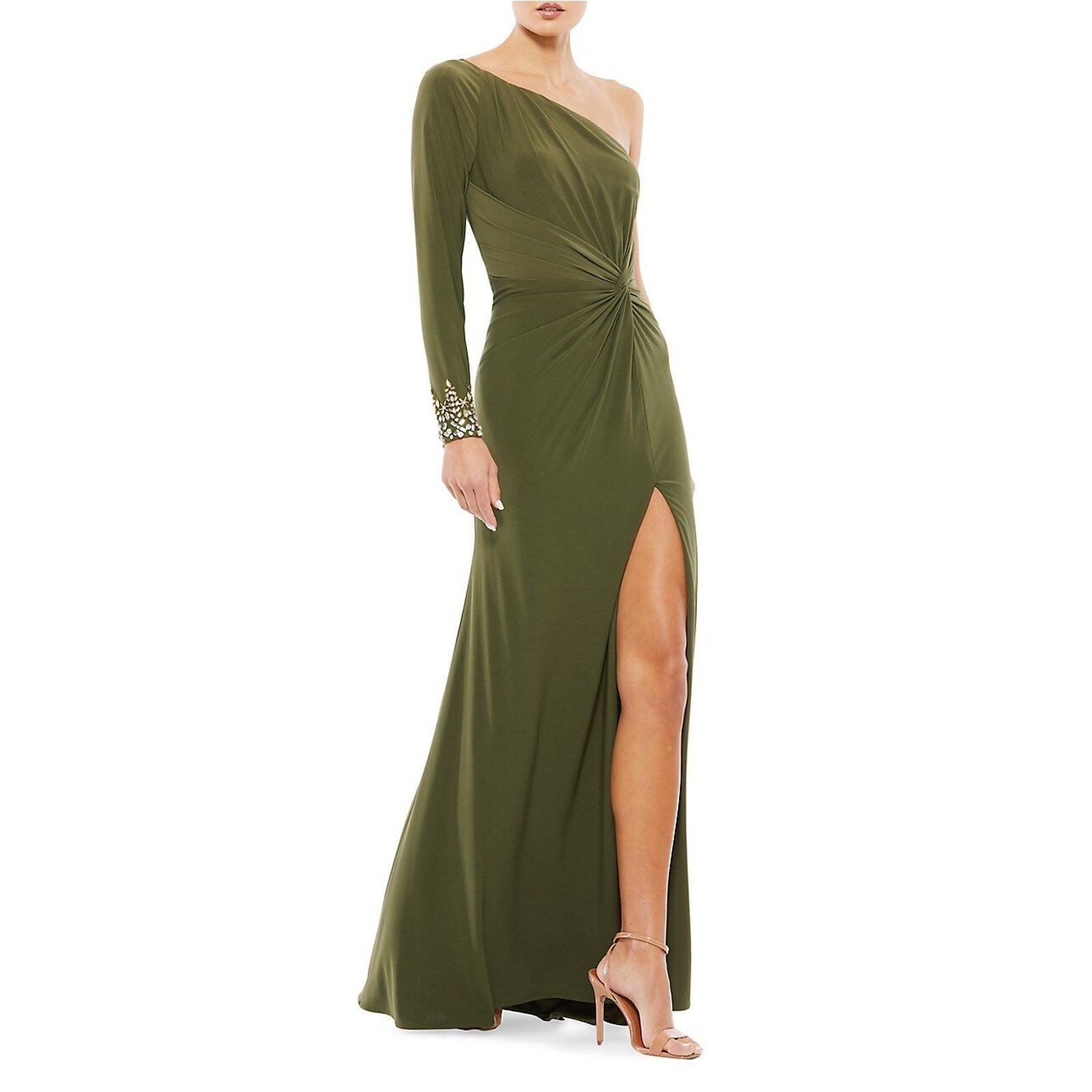 Mac Duggal Jersey Green Polyester One-Shoulder Gown Size 0