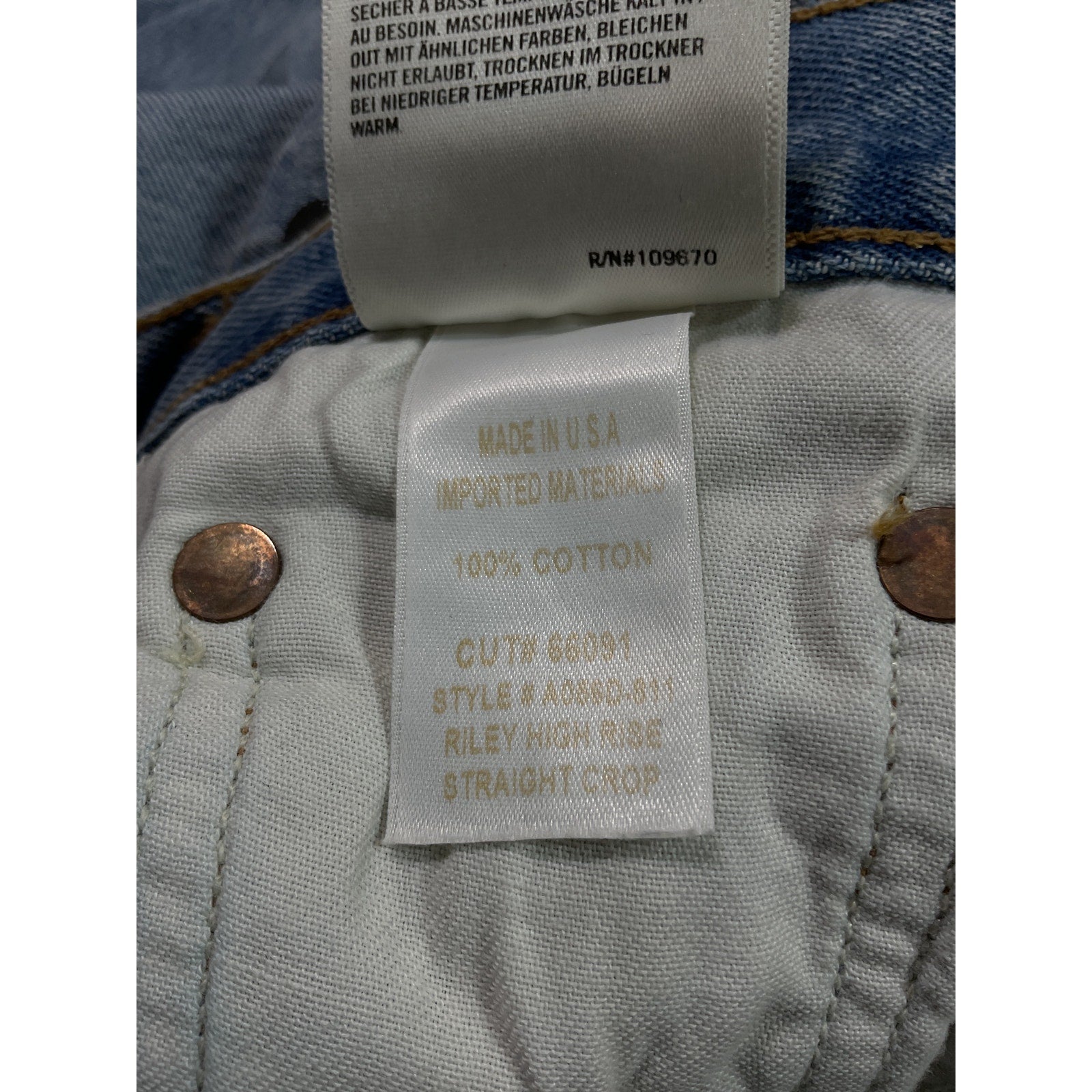 Agolde 'Riley' Blue High Rise Straight Crop Denim Jean Size 25 - NWT