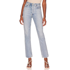 Agolde 'Riley' Blue Cotton High Rise Straight Crop Denim Jean Size 26