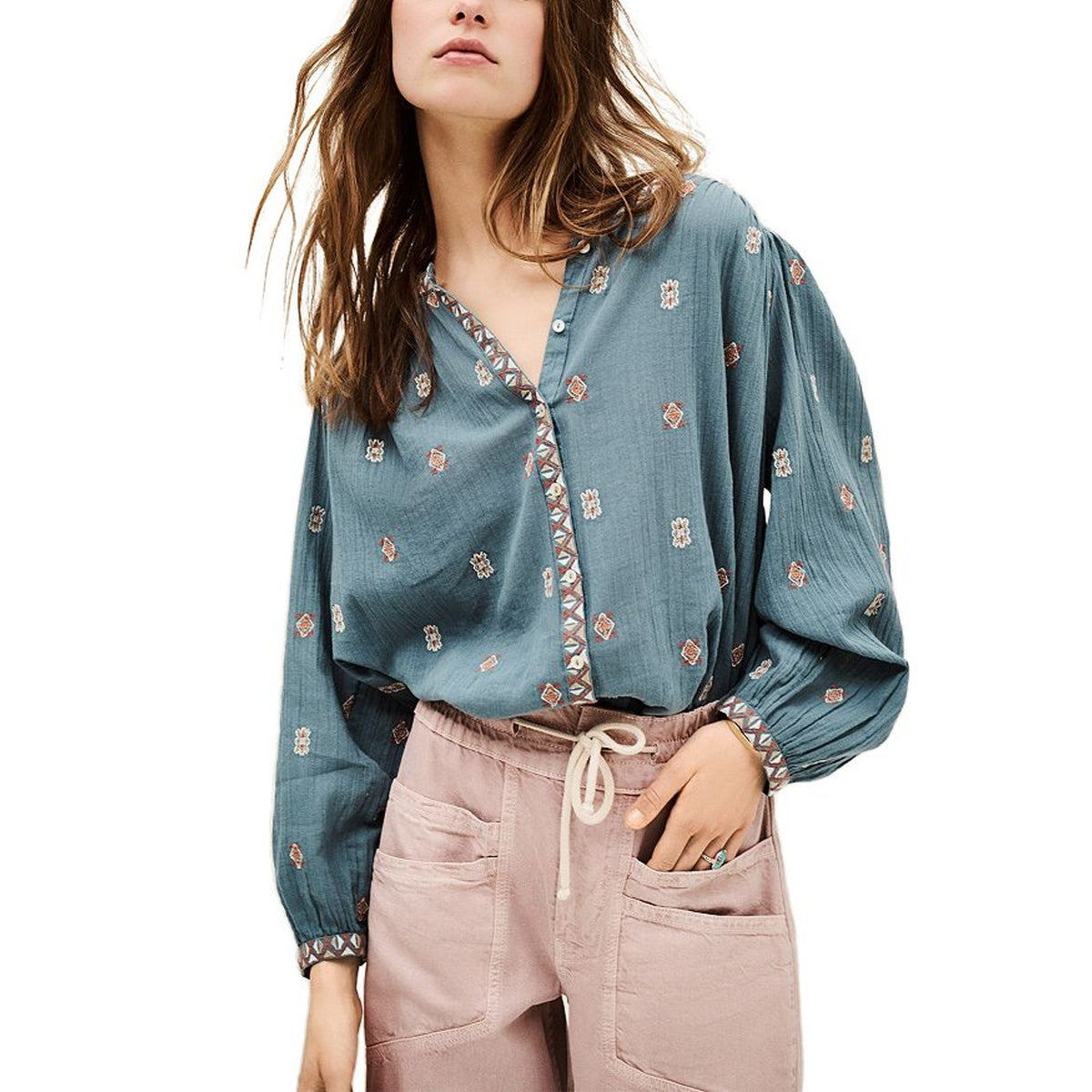 Ba&sh Embroidered Teal Daphne Blouse Size S