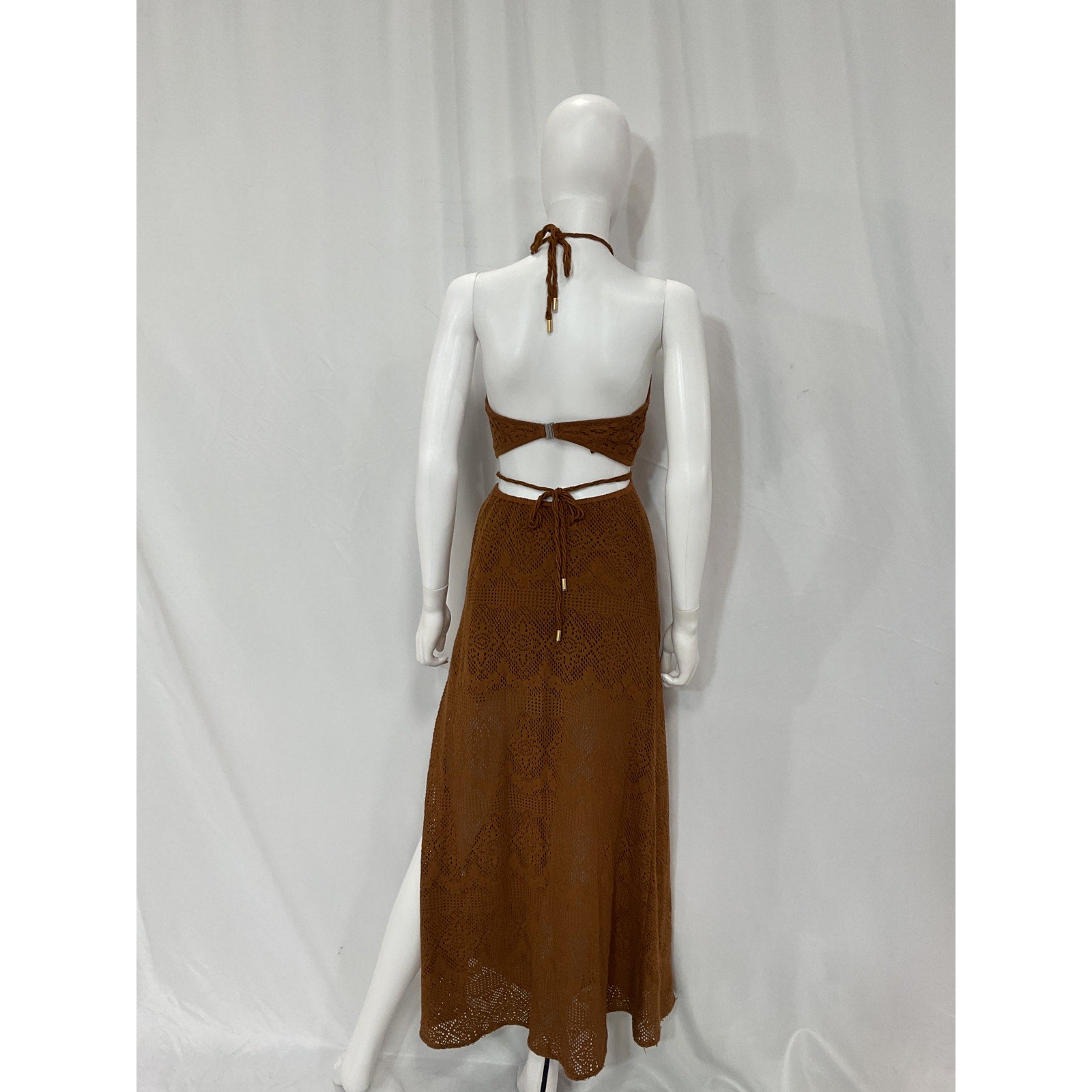 Simkhai 'Georgiana' Brown Crochet Halter Maxi Dress Size XS