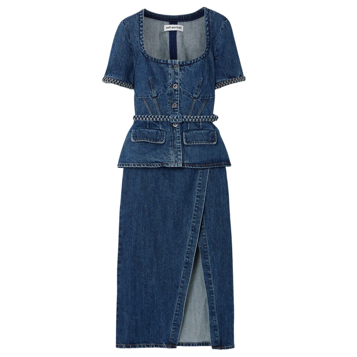 Self-Portrait Convertible Mid Denim Belted Midi Dress Size UK 8 / US 4